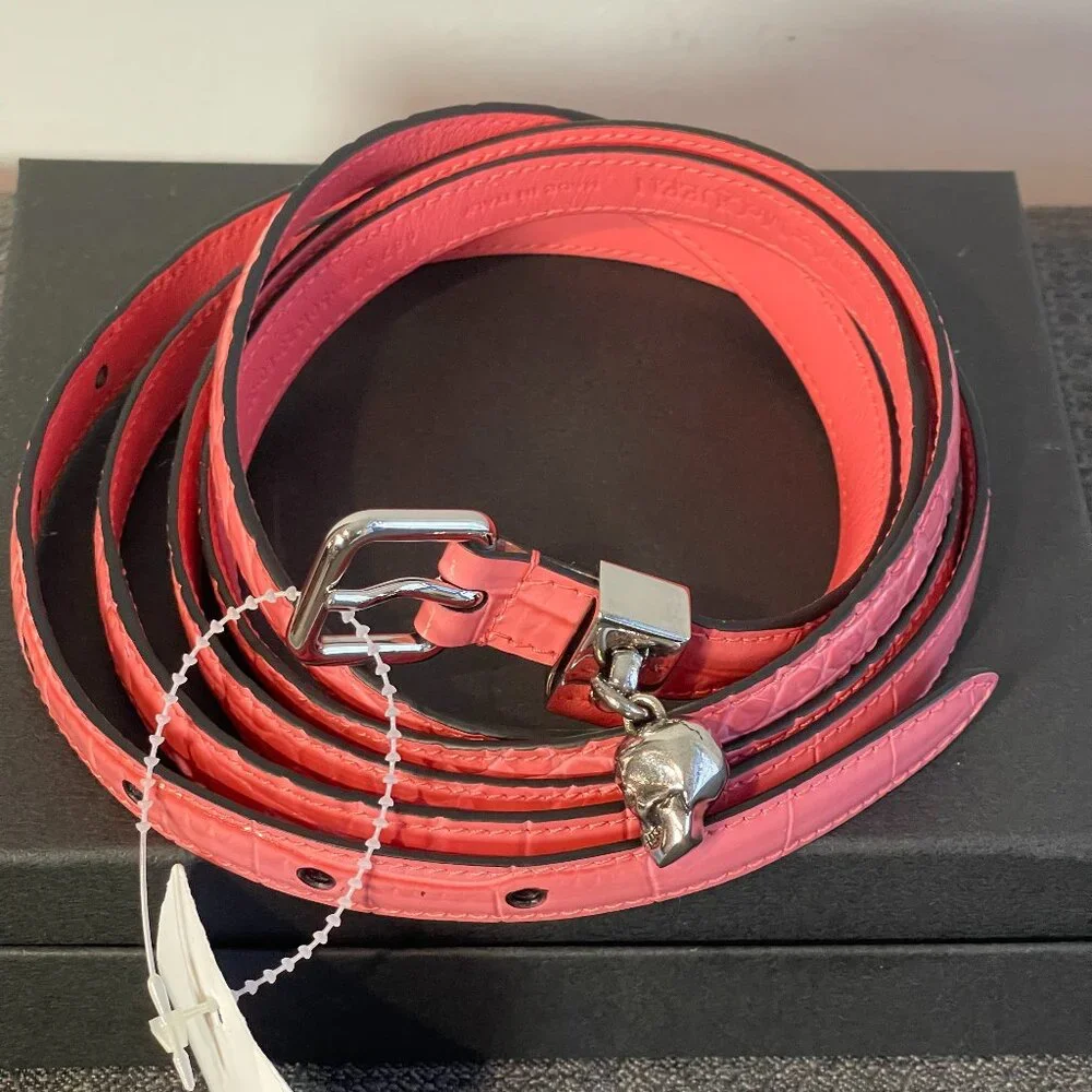 ALEXANDER MCQUEEN Double Wrap Skull Belt in Coral Calfskin Leather Size 32 - NWT - Picture 2 of 7